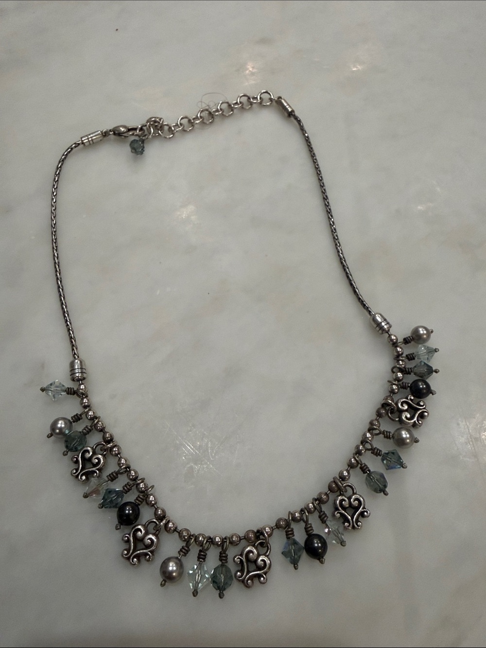 Silver-Tone Blue Crystal & Bead Dangle Necklace